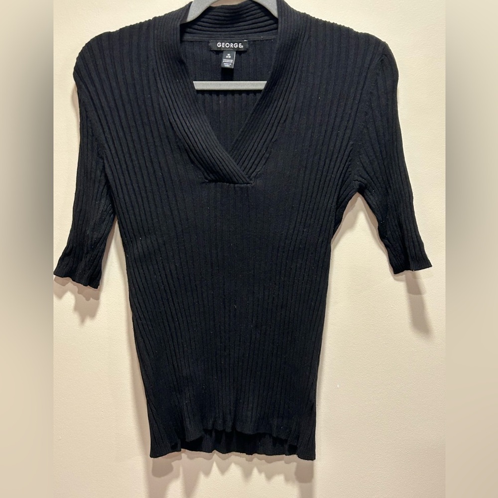 George Black Ribbed Knit V-Neck Top